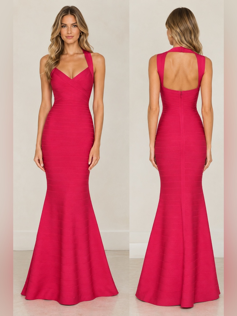 Hervé Léger Camilla Bandage Gown Mermaid Maxi Evening Gown Red Rose Red Small